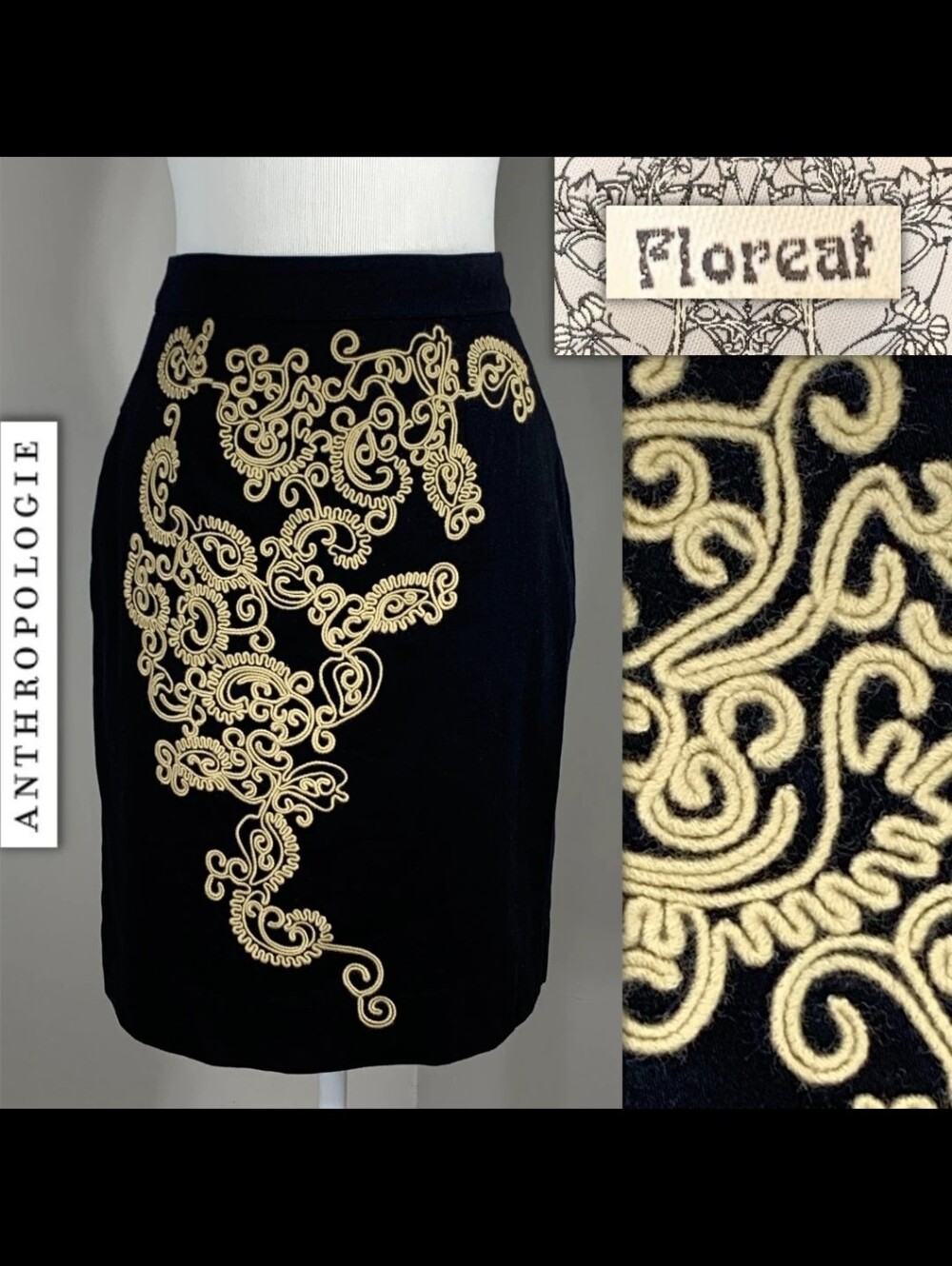 Anthropologie Black Pencil Skirt with Gold Embroidered Swirl SIZE 2